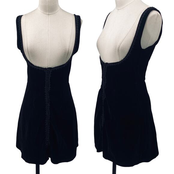 Vintage 90s Velvet Corset Lace Up Mini Dress Dirndl Fit & Flare Open Bust Black - Picture 1 of 8